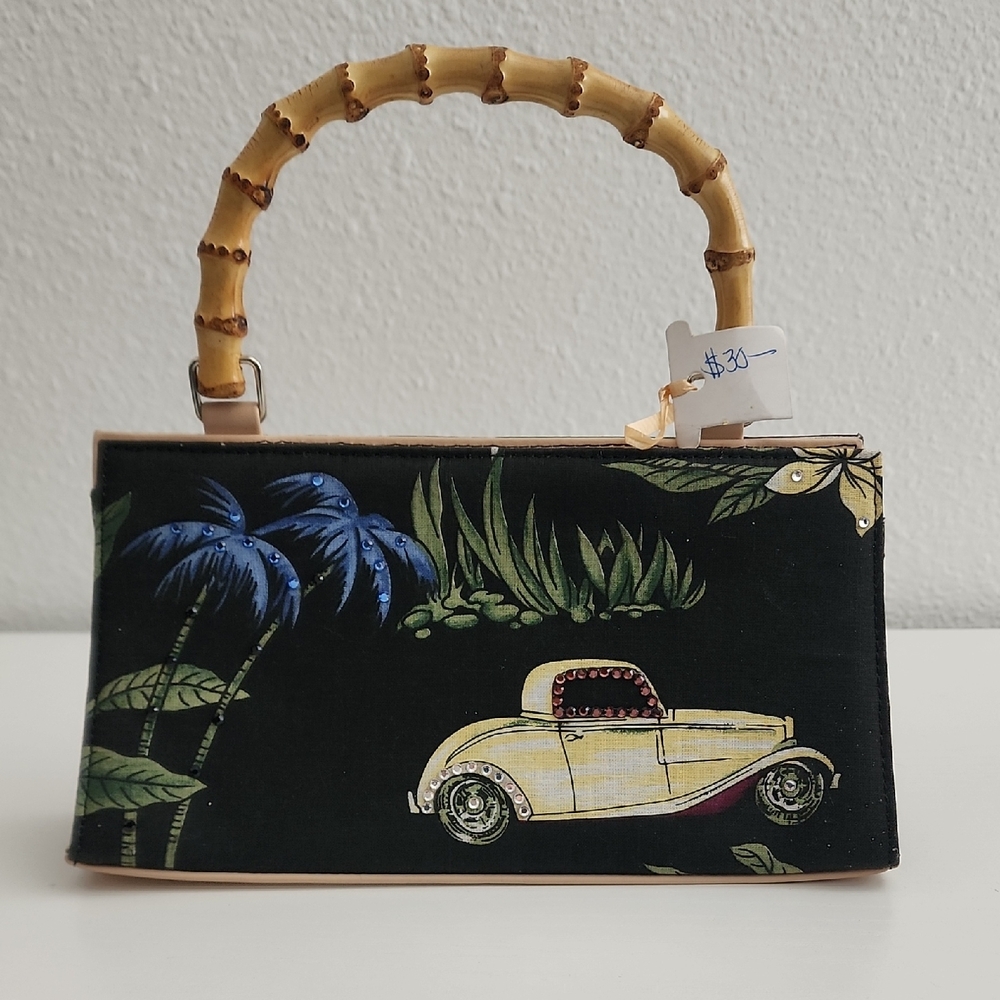 Tropical Print Handbag with Bamboo Handle. ( Vintage white car) NEVER USED.
